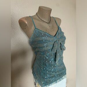 Y2k Blue Floral Lace Cami with Bow Detail Fairy Core